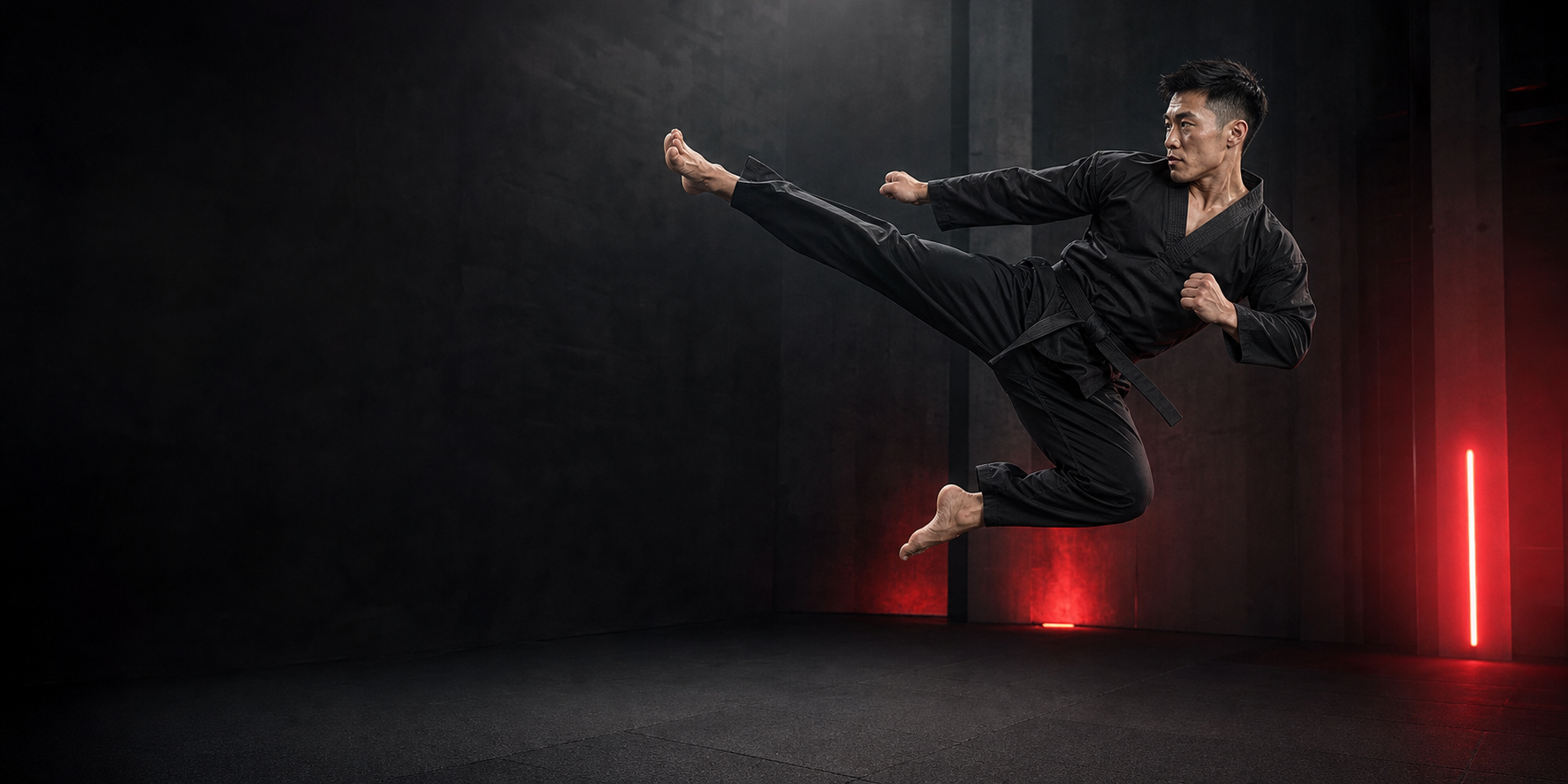 Taekwondo athlete performing an airborne side kick